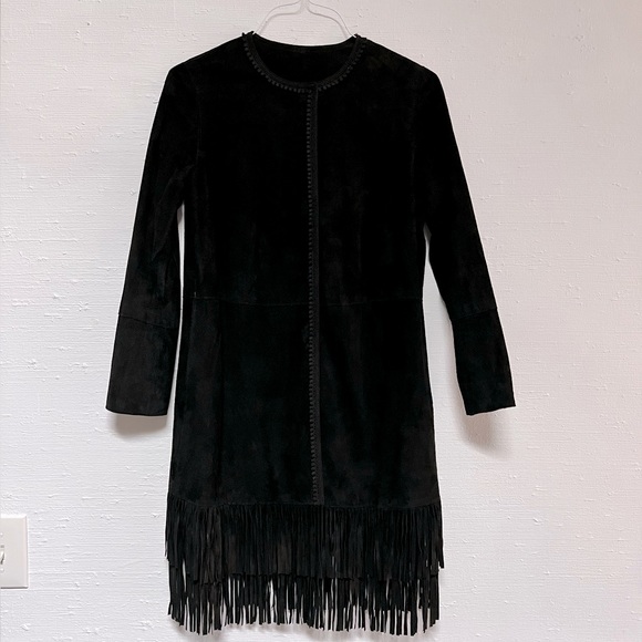Ellie Tahari Lamb Suede Black Fringed Jacket - Picture 3 of 15